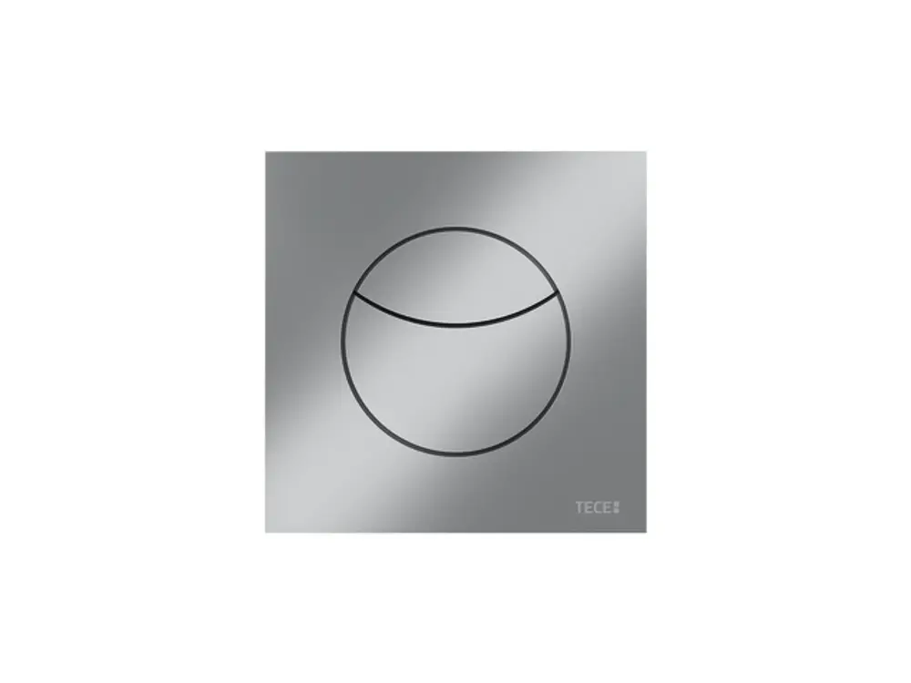 TECE-Produkt mit rechteckiger Blende in matter Chrom-Optik. Es zeigt eine kreisförmige Betätigung mit einer oberen Halbkugel und einer darunterliegenden Hälfte.